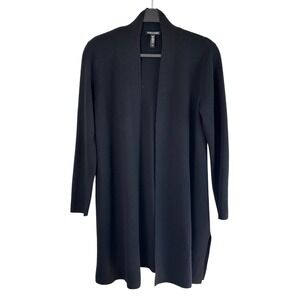 Eileen Fisher Merino Wool Long Open Cardigan Italian Yarn Minimalist Black S Lux